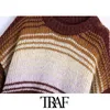 TRAF Женская мода Негабаритный полосатый вязаный свитер Винтаж O шеи фонарика рукава женские пуловеры шикарные вершины 210415