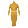 Yellow Black Brown Solid Long-Sleeve Sash Knitted Knee Length Dress Autumn Winter Elegant Sexy High Neck D2066 210514