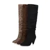 Leopard High Boots Heels Tianie Sianie Spike Sexy Woman's Knee Hight Flock Soft Winter Autumn Pleated Women Big Size 34-43 2 27 T