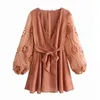 Women Chic Embroidery Patchwork Dress V Neck Pink Color Stylish Bandage es Lantern Long Sleeve Mini Vestidos 210515