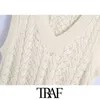 TRAF Moda donna con gilet lavorato a maglia con perle finte Maglione vintage con scollo a V senza maniche Gilet femminile Chic Top 210415