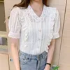 Summer V-neck Hollow Lace Crochet Blouse Women Solid Ruffled Woman Shirt Puff Short Sleeve Top Female Clothes Blusas 13990 210512