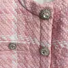 Pink Plaid Woven Wool Ladies Jacket Coat Summer Customized Fabric Diamond Button Short Women High Quality 210525