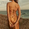 Zomer vrouwen lange satijnen slip zijde glanzende backless mouwloos off schouder veter sexy feest maxi jurk 210415