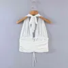 Tulle Transparent Lace Up Halter Tank Tops Women Summer Sexy Backless Strappy White Crop Beach Deep V Neck Camis 210427