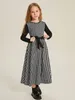 Girls Houndstooth Pattern Belted Dress SHE