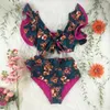 Zweiteiliger Damen-Badeanzug mit Blumenmuster, gepolsterter Push-Up-BH, Rüschen, Bandage, Bikini, Badeanzug, Badeanzug, Strandmode, Biquini
