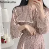 Nomikuma Elegante colletto rovesciato con lacci a maniche lunghe abito coreano da donna stampa floreale vita sottile una linea abiti abiti 3a539 210514