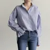Puff Sleeve Long Turn Down Collar Blue Striped Shirt Women Pleat B0149 210514
