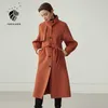 FANSILANEN Long casual 100% wool coat Women bandage lantern sleeve vintage blend jacket Oversized female winter over 210607