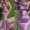 2022 Designer Lila Abendkleider Eine Schulter Lange Ärmel Kristalle Perlen funkelnd High Neck Custom Made Plus Size Prom Party Formale Kleider Vestidos