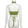 Moda estate verde sexy fasciatura halter crop top donna lace up backless club camis e top corto slim streetwear serbatoio 210514