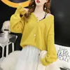 Women Stylish Knitted Cardigan Spring Pure Color V Neck Flare Sleeve Button Casual Ladies Sweaters Tops 210430