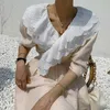 Korejpaa Frauen Kleid Sommer Korea Chic Elegante Temperament V-ausschnitt Doppel Hohl Spitze Nähte Taille Kurzarm Kleider 210526