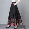 Весна хлопковое белье Национальный ветер черный длинный юбка женская мода старинные эластичные талии вышитые юбки женские карманные одежды 210619