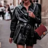PU кожаное короткое черное платье женщины одежда винтаж весна осенние дамы мода повседневные Vestidos 210427