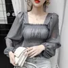 Autunno Moda Elegante Colletto Quadrato Manica Lunga Orecchio di Legno Camicia Bianca a Maniche Lunghe Top Camicetta da Donna P025 210719