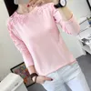 Femmes Automne Eleglant Dentelle Hollow Out Blouse Chemise À Manches Longues Blouse Rose Tops Femme Outfit Tops 210419