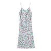 Draw String Floral Print Kobiety Dress Summer V-Neck Sexy Delikatna Lady Bez Rękawów Moda Kobiet Długie ES 210430