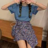 Ezgaga Summer New Korean Fashion Two Piece Set Women Solid Loose T Shirts + Lace Up High Waist Skirts Floral Elegant Suit 210430