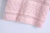 Chic Women Lapel Short Sleeve College Style Sweet Jacquard Pink Hollow T-shirt Vintage Mesh Knit Korta Kvinna Toppar 210507