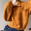 Jumper Pullover Sweter Kobiety Jesień Zima Hong Kong Styl Polo Collar Z Długim Rękawem Kieszonkowy Casual Chic Topy Kobiet 210520