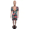 Kvinnor Grönt Criss Cross Back Frill Hem Skift Klänning Streetwear Slida Flora Print Kortärmad Över Knä Mini Sommar Party Dress X0521