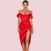 Ocstrade Red Off Shoulder Short Sleeve Over Knee Wrinkled Slit Bodycon Dress Hi1116-Red 210527