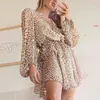 Estate elegante moda a vita media O collo senza spalline abito in chiffon stampa spiaggia Leopard midi per abiti da donna 210508