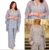 Full Lace Mother of the Bride Pant Suits 2022 Long Sleeves Three Pieces Silver Gray Formal Women Plus Size Groom Mother Dresses for Wedding