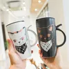 640ml grande preto e branco gato de água cerâmica caneca de café bonito canecas de animais altos com casal de tampa drinque