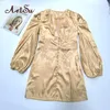 ArtSu Damen Satinkleider Grün Gold Tiefer V-Ausschnitt Botton Laternenärmel Minikleid Sexy Weibliche Party Club Herbst 60551 Y0823