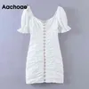 Kadınlar Seksi V Boyun Beyaz Mini Fırfır Puf Kısa Kollu Şık Parti Elbiseler Chic Payetli Düğmeler Bodycon Elbise 210413