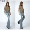 Vrouwige spijkerbroek met hoge taille voor vrouwen elegante retro -stijl bell bodem magere denim broek vrouwelijke sexy wide been jeans 210412