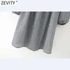 Zevity Womenビンテージスクエアカラーチェック柄プリントスリム弾性ミニドレス女性3四半期スリーブフリルVestido DS4994 210603