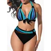 S-5XL Plus Size Neon Gestreifter Bikini Schwimmen Tragen Push Up Frauen Hohe Taille Halfter Strand Bademode Retro Bowknot Badeanzug Schwimmen