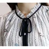 Kobiety Bluzka Koszula Casual White Striped Bow Flower Print Długie Rękaw Koszulki Topy Szyfonowy Wzburzyć Blusas 910H 210420