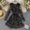 Summer Women Party Long Sleeve Belted Black Gold Sequin Sexy Tulle Dress 210415