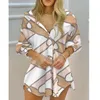 여성 셔츠 드레스 패션 스트라이프 프린트 레이디 긴 소매 블라우스 칼라 루커 버튼 전면 탑승