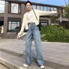 Autumn High Waist Wide Leg Denim Jeans Pants Women Pockets Buttons Fly Straight Trousers Casual Fashion Solid 210513