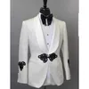 White Floral Jacquard Men Suits for Wedding 2 Piece Slim fit Groom Tuxedo with Black Pants Man Fashion Costume Male Set Jacket X0909