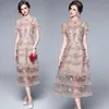 Sommar Kvinnor Lace Patchwork Mesh Broderi Ruffles Cake Dresses Retro Stand Collar Kortärmad Boho Sweet Lång Klänning 210519