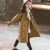 Coat Fashion 2021 Toddler Kids Trench Baby Big Girls OuterWear Toppar Kläder Barn Dubbelbröst Green Khaki Long Jackor