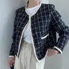 Autumn Winter Women Vintage Woven Plaid Tweed Jacket Coat Button Single Breasted Silm Office Lady Pockets Woolen Outerwear 210514
