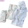 Vår damer pyjamas set blommig tryckt mjuk sleepwear bomull enkel stil kvinnor långärmad + pants 2piece set homewear 210708