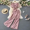 Singreiny Kvinnor Sommar Boho Floral Vacation Set Sexig O Neck Kortärmad Kort Top + Hög midja Wide Leg Långbyxor Två Piece Suit 210419