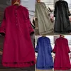 Lässige Kleider Retro Frauen Minikleid mit Knopf Einfarbig Langarm Rundhalsausschnitt Lose Weibliche Bequeme Straße # T2G