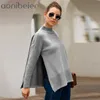 Aonobeier Side Slit Knitted Sweater Autumn Winter O Neck Long Sleeve Casual Loose Ladies Pullovers Christmas Jumper 210604