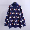 H.SA Hiver Automne Pull à col roulé et Pulloevr Dessin animé Mignon Lapin Pull Pulls Overzied Out Knit Tops Jumper Femmes 210417