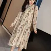 Pleated Mid-calf Chiffon Dress Women Spring Floral Femal Loose Joker Long Sleeve es Flare 7150 50 210427